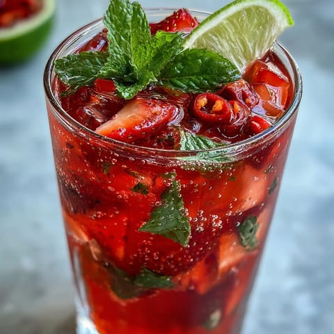 Refreshing Strawberry Chili Limeade Mocktail with a hint of spice, perfect iced.