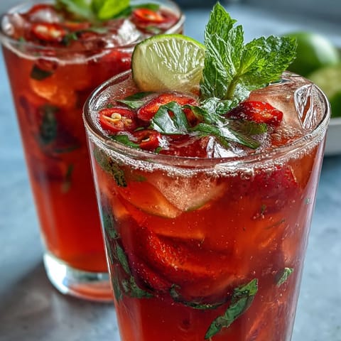 Fruity Strawberry Chili Limeade Mocktail, showing vibrant red strawberries and a zesty lime garnish.