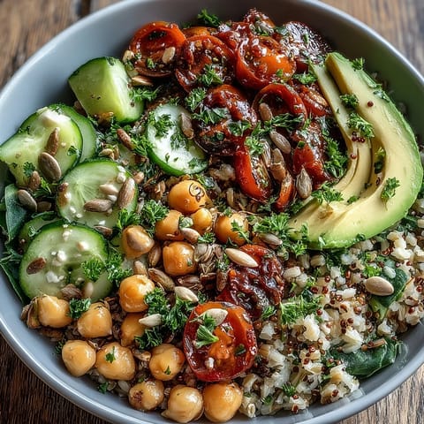 Vibrant Ancient Grains Bowl with fluffy farro, quinoa, and protein-rich chickpeas.