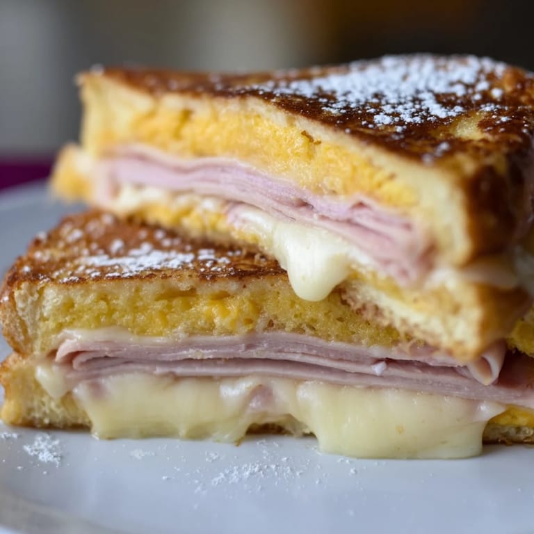 A decadent Monte Cristo sandwich, pan-fried to golden perfection, dusted with powdered sugar, ready to eat.