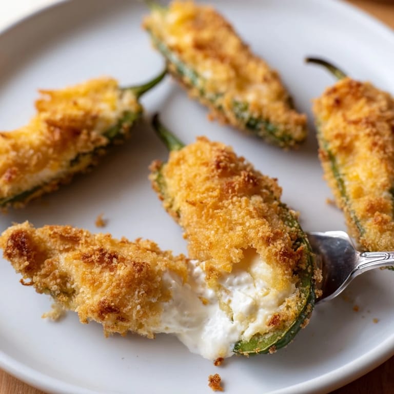A close-up of crispy, breaded jalapeño poppers, showcasing the creamy cheese filling inside.