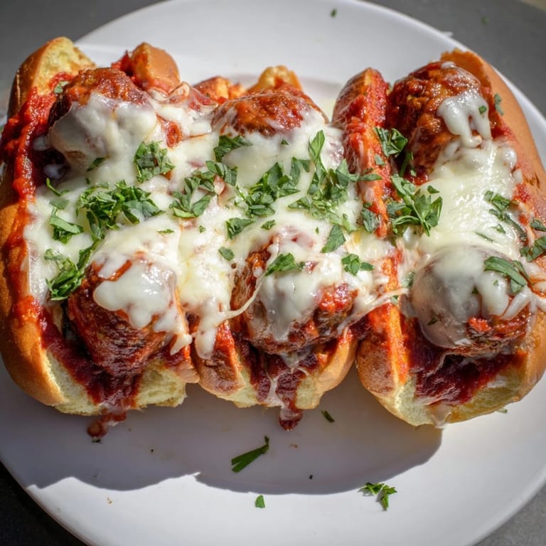 Warm and savory Meatball Sub, freshly baked with a generous helping of marinara and provolone.