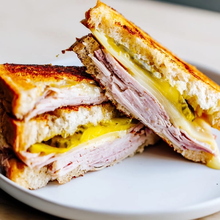 Enjoy a flavorful Cuban Sandwich, layered with tangy pickles and sharp mustard on crusty bread.