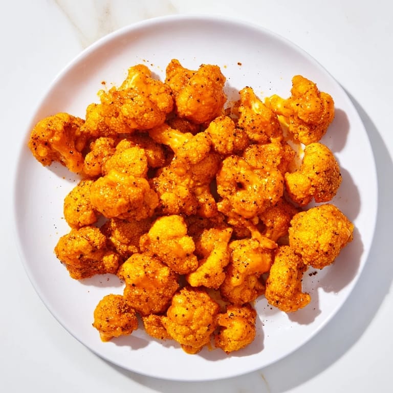 A close-up of flavorful Buffalo Cauliflower Wings, tossed in sauce, served with fresh celery and carrots.