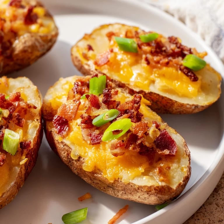 A close-up of delicious potato skins, baked until bubbly, showcasing the melted cheese and bacon.