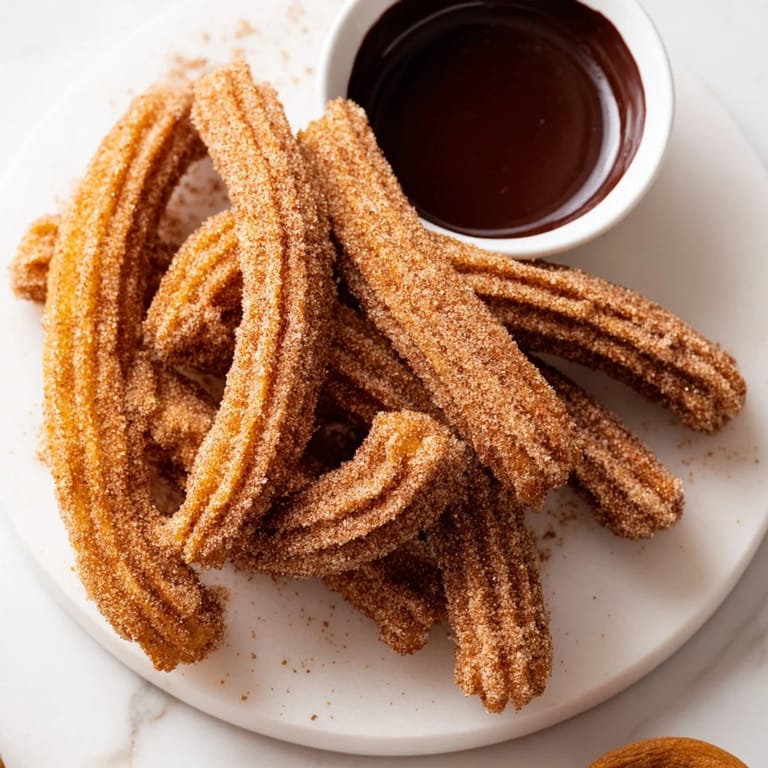 Close-up of perfectly fried churros: a delightful dessert with chocolate sauce for dipping and enjoyment.
