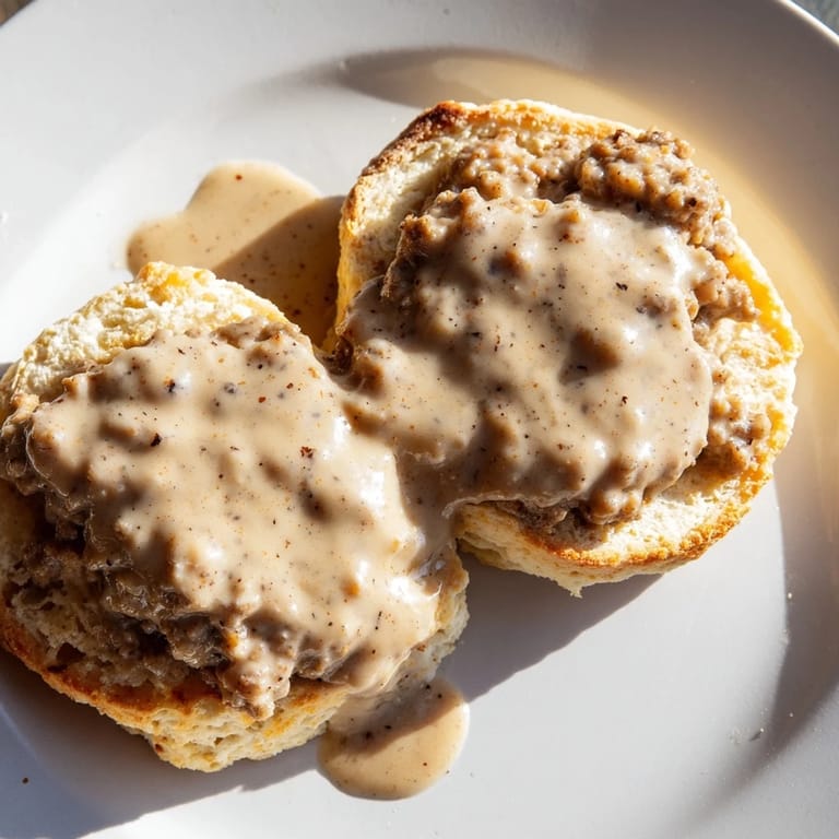 Close-up of freshly baked biscuits and gravy, with a flavorful, peppery sausage gravy ready to serve.