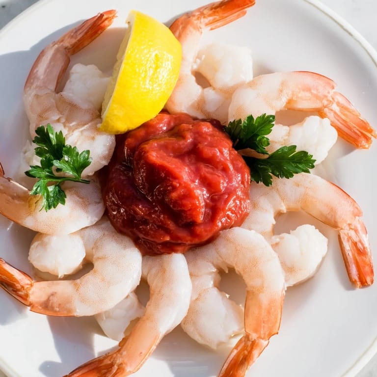 A close up of the shrimp cocktail, showcasing tender shrimp paired with a vibrant, flavorful cocktail sauce.