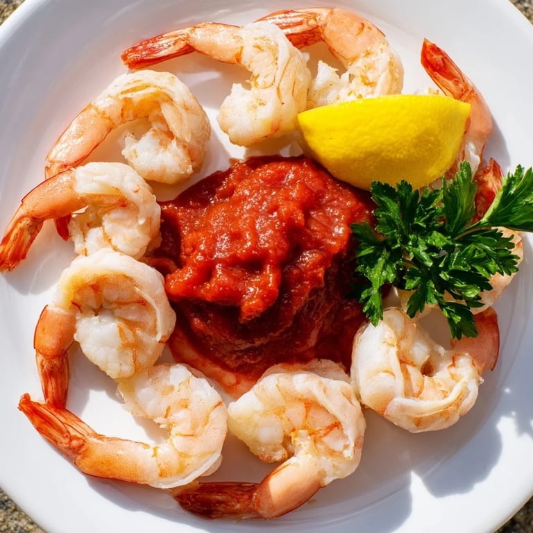 Fresh, succulent shrimp cocktail arranged on ice, with bright lemon wedges and parsley for serving.