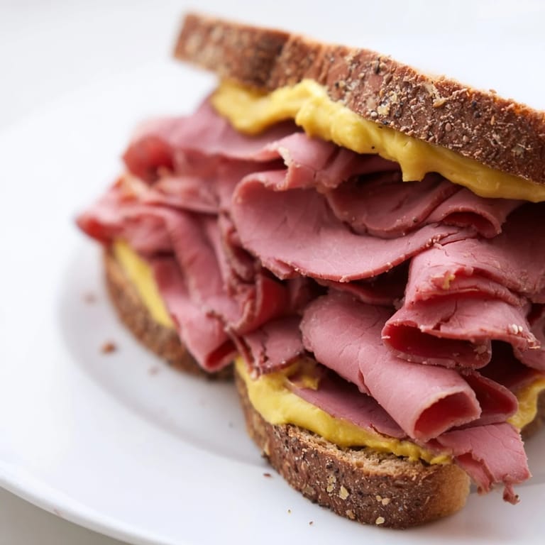 A delicious, freshly constructed pastrami on rye sandwich is shown with pickle slices on the side.