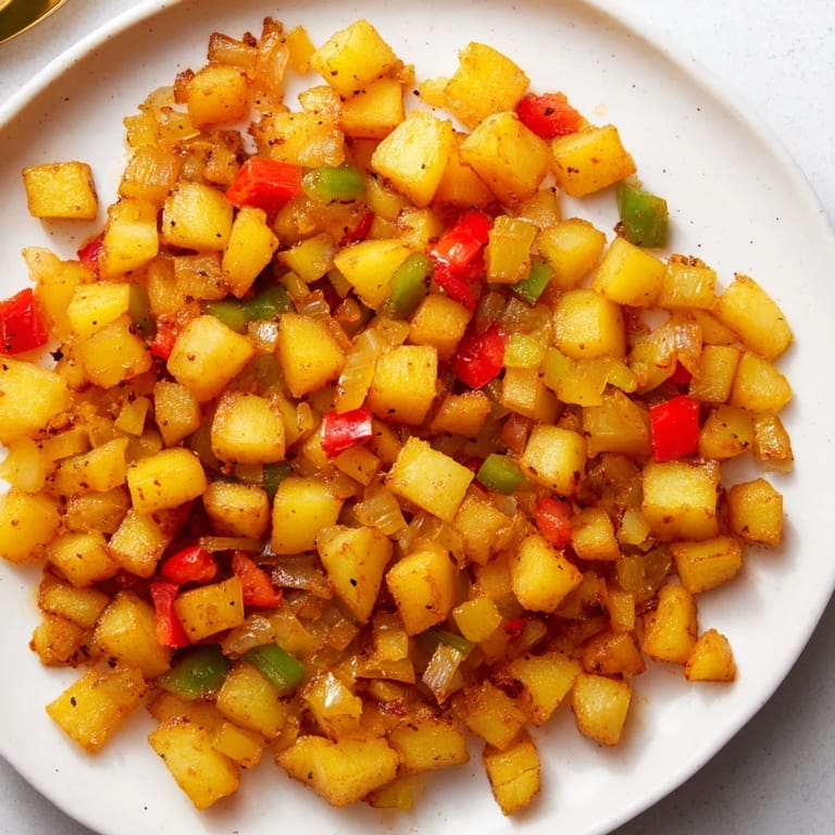 Sizzling skillet of Home Fries, showcasing browned potato cubes and colorful peppers, ready to eat.