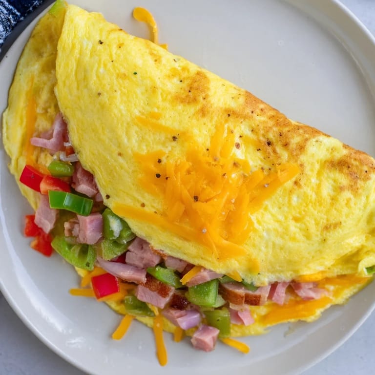 Deliciously cheesy Denver Omelet, a perfect breakfast with ham, vegetables, and a golden, cooked appearance.