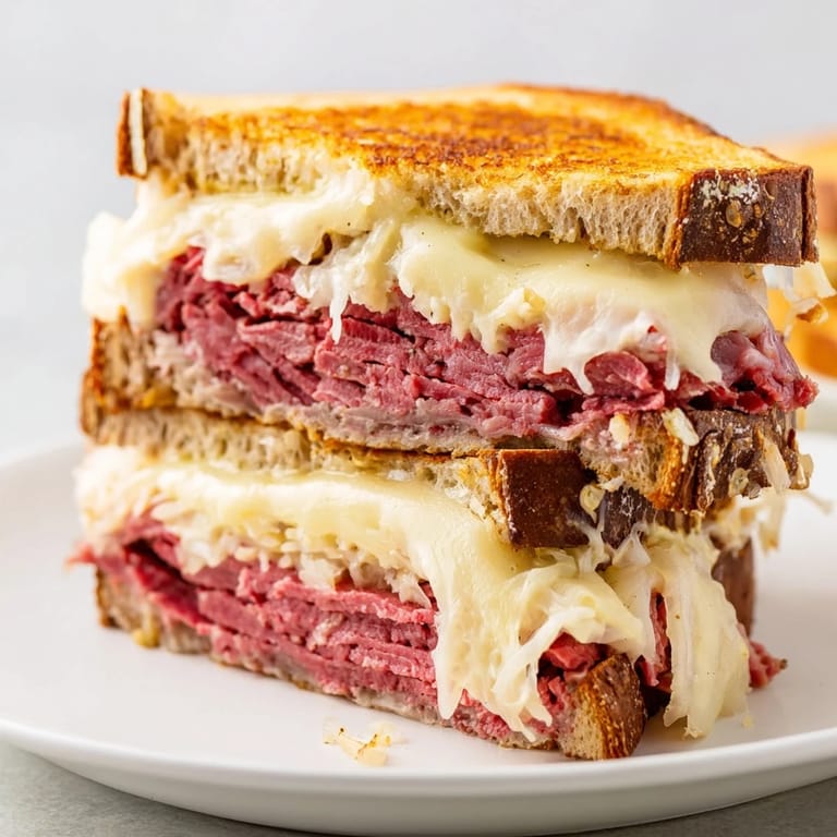 Savory Reuben sandwich: Perfect for lunch, overflowing with Russian dressing and savory corned beef.