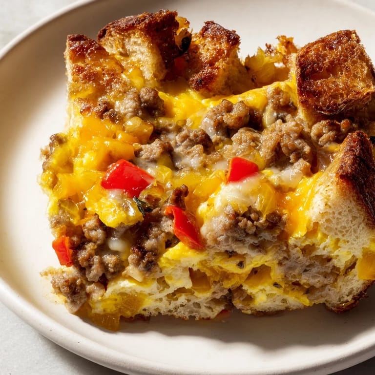A close-up of a bubbling Breakfast Sausage Casserole, showcasing the fluffy egg texture and bread.