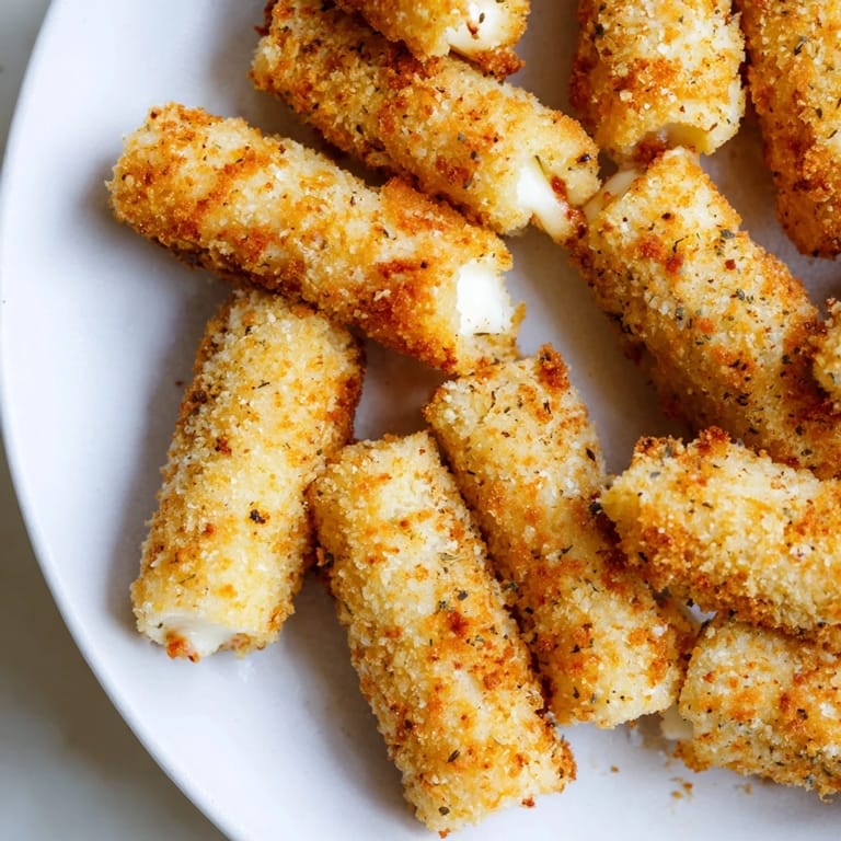Melted mozzarella oozing from perfectly fried mozzarella sticks, ideal for a crowd-pleasing appetizer.