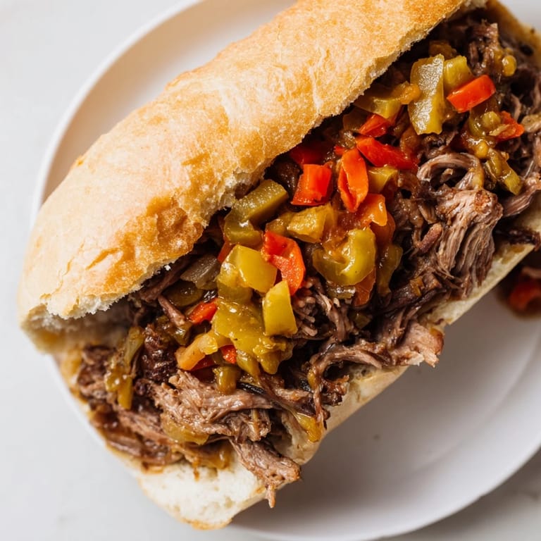 A close-up reveals a juicy Italian Beef Sandwich, featuring tender beef nestled in a toasted roll with peppers.
