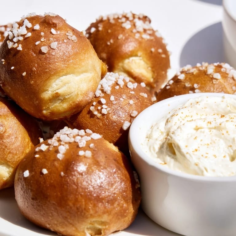 Soft pretzel bites, sprinkled with salt, ready to be dipped into creamy cheese.
