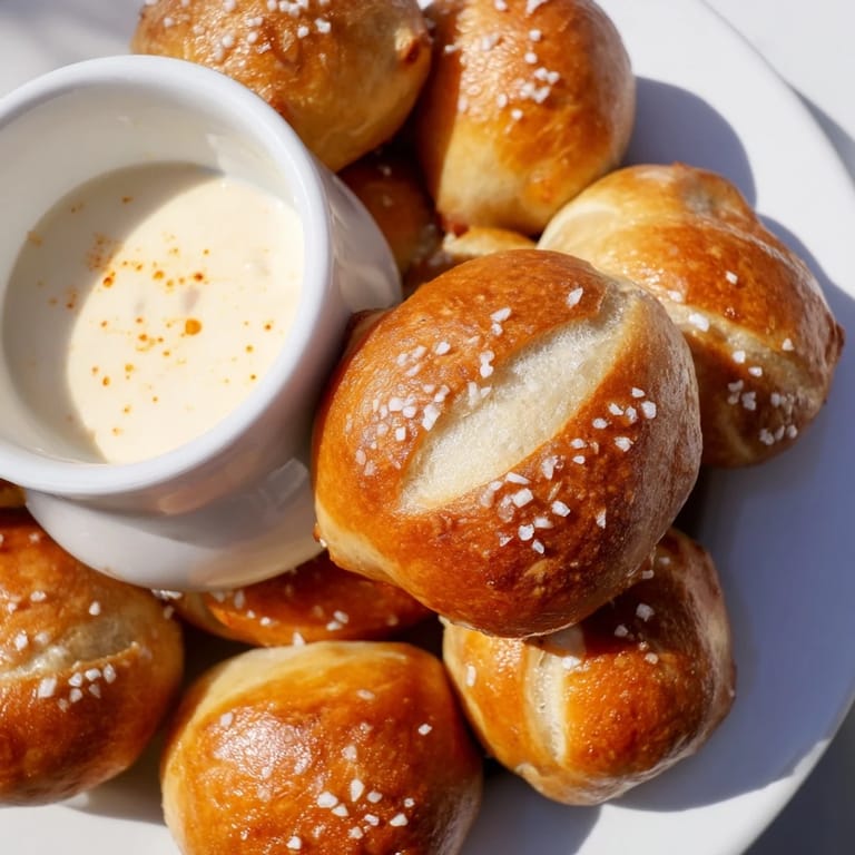 Warm pretzel bites are a tasty appetizer, served with a flavorful cheese dip.
