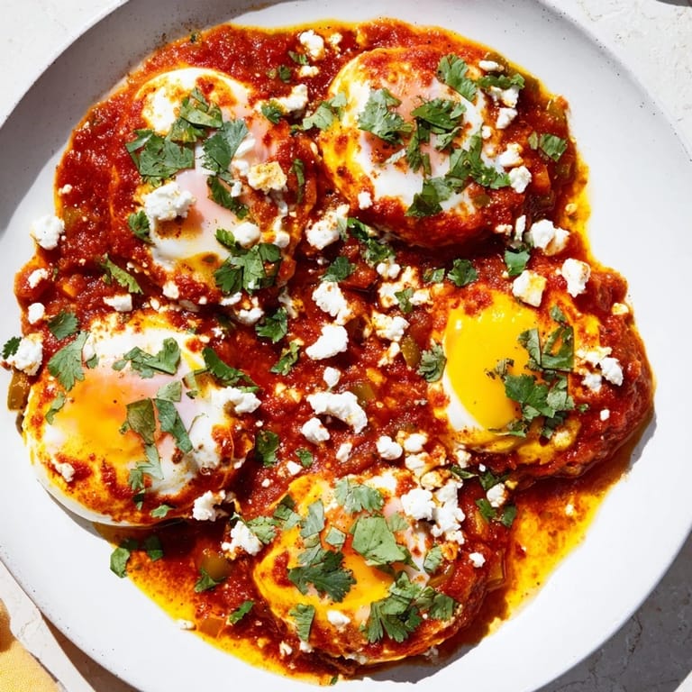 A flavorful, Middle Eastern-inspired Shakshuka with a vibrant red tomato sauce and tender veggies.