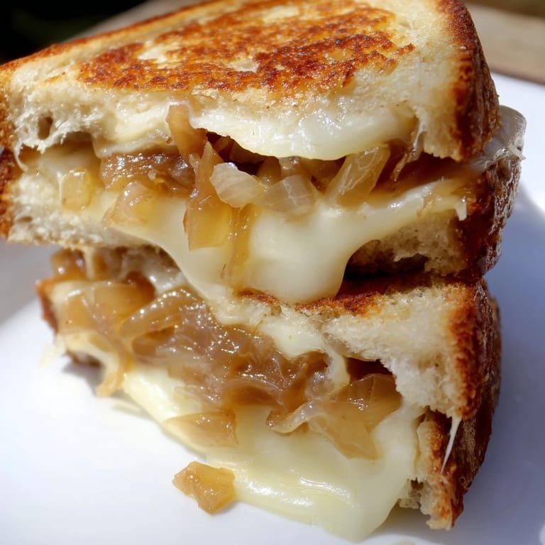 Golden-brown slices of Caramelized Onion Grilled Cheese on a cutting board, filled with melty sharp cheddar and sweet, jammy caramelized onions.