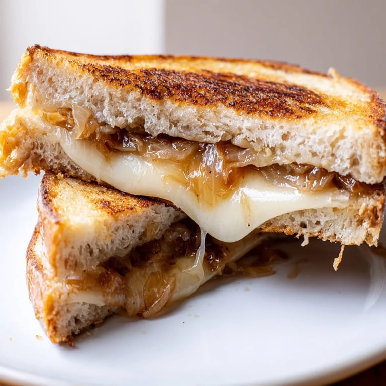 A generous slice of Caramelized Onion Grilled Cheese reveals tender, golden onions and gooey white cheddar tucked inside crispy, buttery bread.