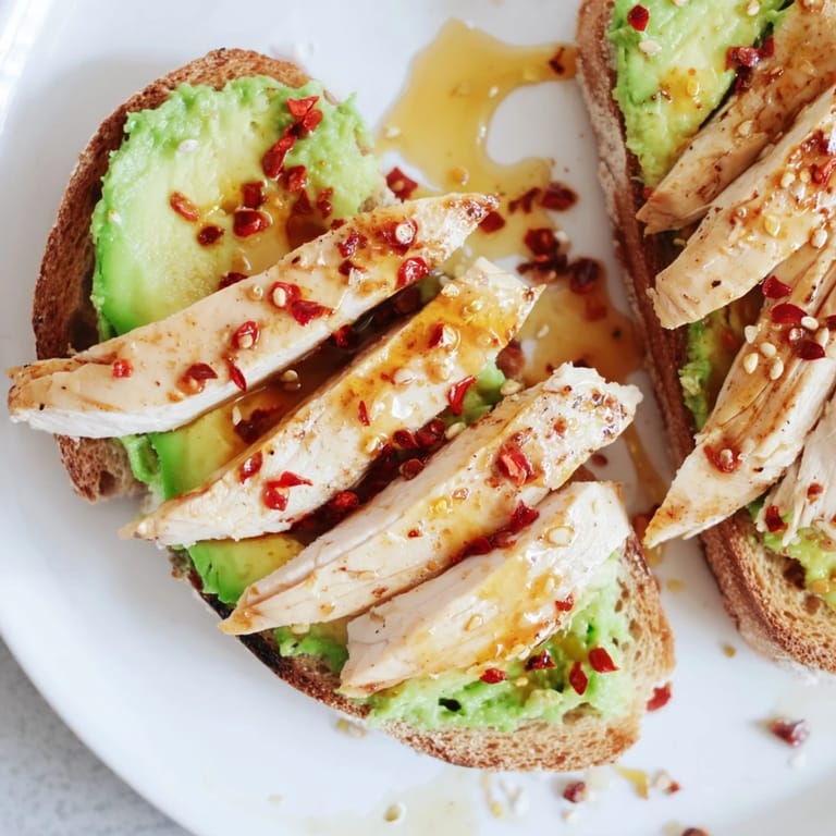 A close-up view shows hearty multigrain toast layered with tender chicken, vibrant green avocado mash, and a bright garnish of fresh cilantro.