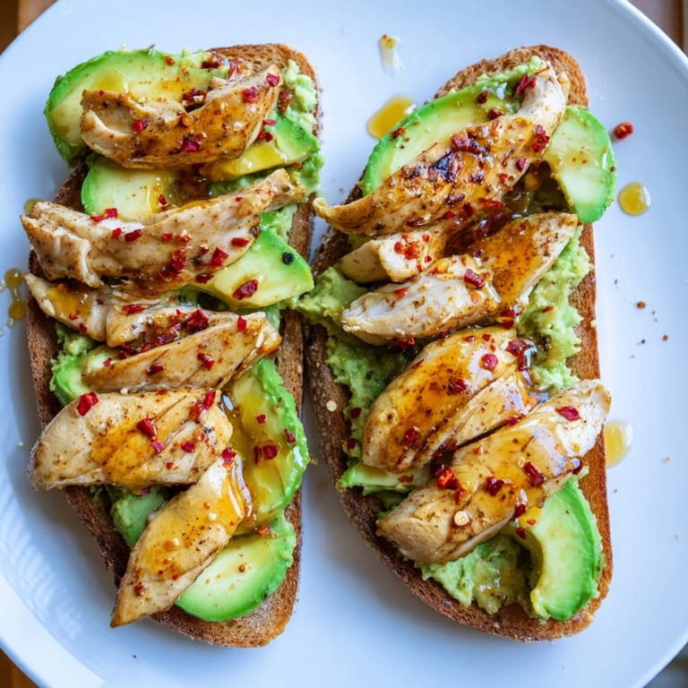Freshly prepared Smashed Avocado Chicken Toast offers a deliciously crisp texture from the toast, contrasting with smooth avocado and juicy grilled chicken.