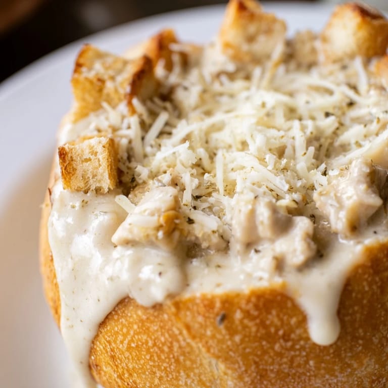 Freshly baked bread bowl holds a steaming, rich Chicken Alfredo, with tender diced chicken and a velvety sauce ready to be scooped.
