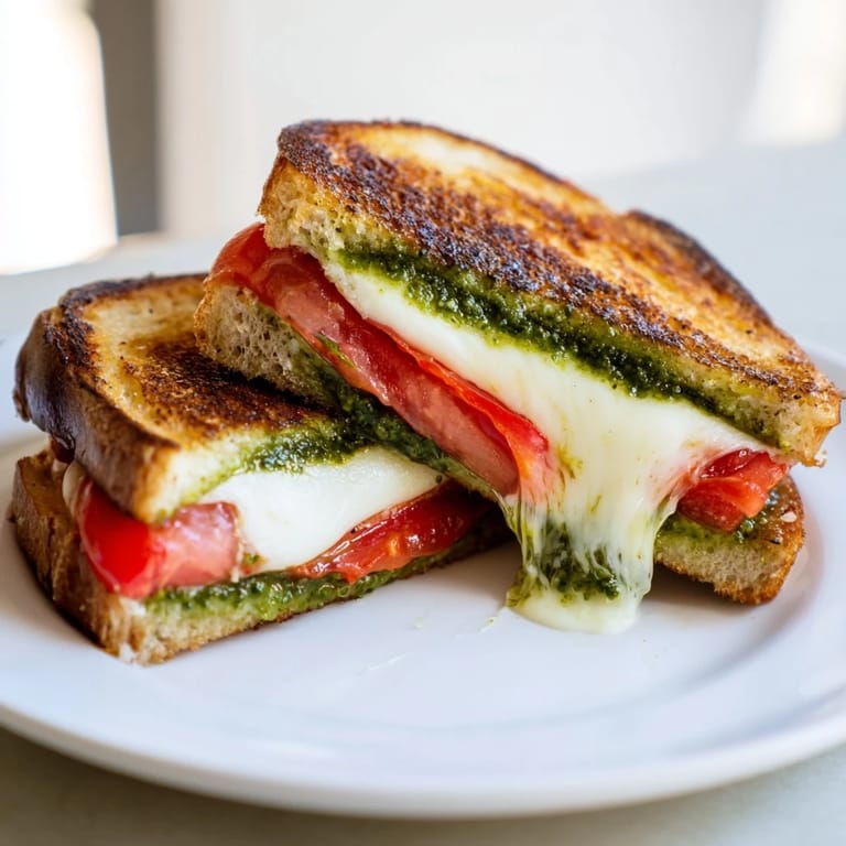 A close-up of a toasted Caprese Pesto Grilled Cheese, revealing melted cheese and vibrant green pesto.