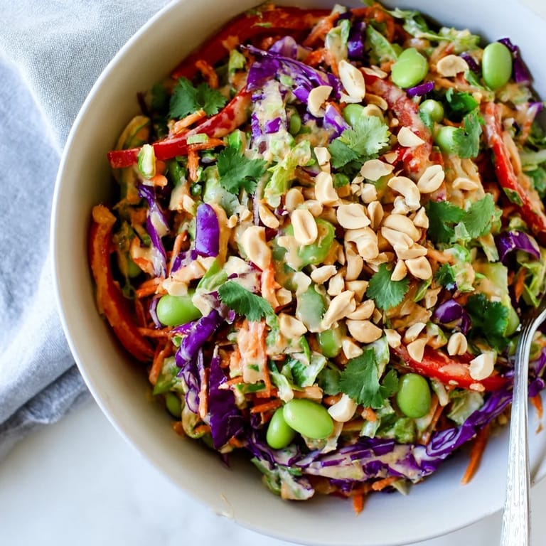 Perfect for summer potlucks, this vegan Crunchy Thai Peanut Salad delivers crunchy texture and nutty flavor, served chilled with sesame seeds and peanuts.