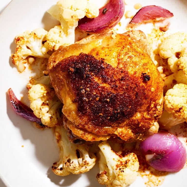 Succulent chicken thighs and tender cauliflower florets roast with red onion on a hot sheet pan for easy dinner.