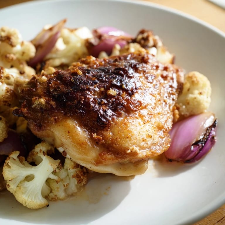 Serve roasted cauliflower chicken sheet pan with lemon wedges over fluffy rice for a gluten-free family meal.