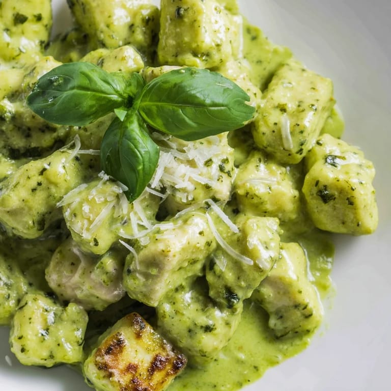 Savory chicken and soft potato gnocchi tossed in a rich, garlicky pesto cream sauce, creating a comforting Italian main dish ready for a family dinner.
