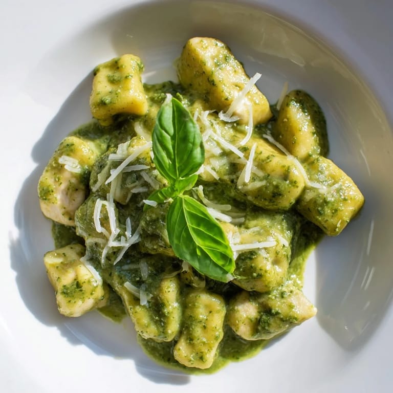 A close-up view of creamy pesto gnocchi with juicy chicken pieces, garnished with fresh basil and grated Parmesan, steaming warmly in a rustic serving bowl.