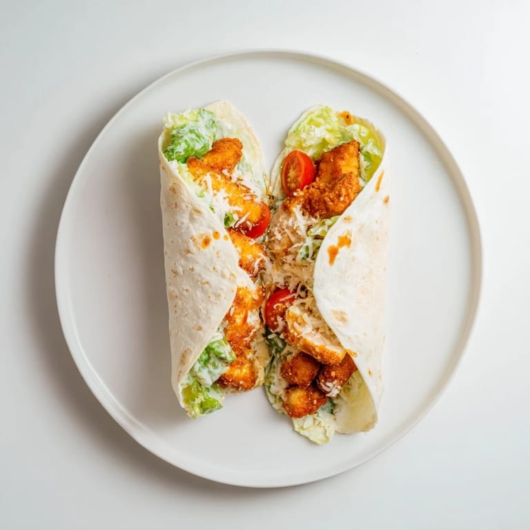 A close-up of a halved Hot Honey Chicken Caesar Wrap, revealing juicy, fried chicken strips and creamy salad filling, ready for an easy weeknight meal.