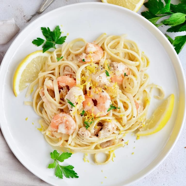 Bright lemon wedges and fresh parsley garnish plates of Lemon Garlic Shrimp & Chicken Pasta beside a glass of wine.