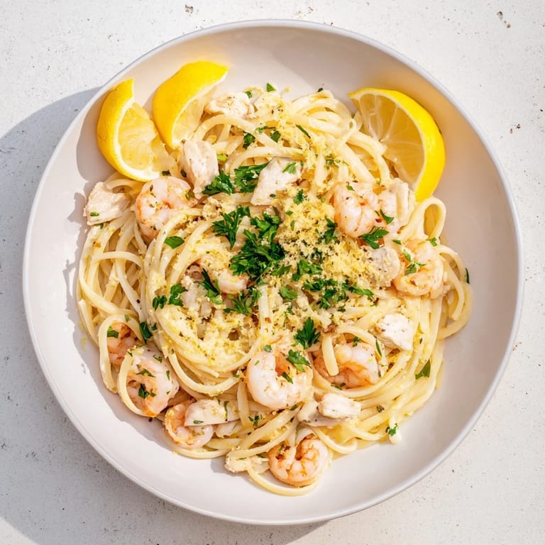 Succulent shrimp and tender chicken mingle with linguine in a zesty lemon garlic butter sauce in Lemon Garlic Shrimp & Chicken Pasta.