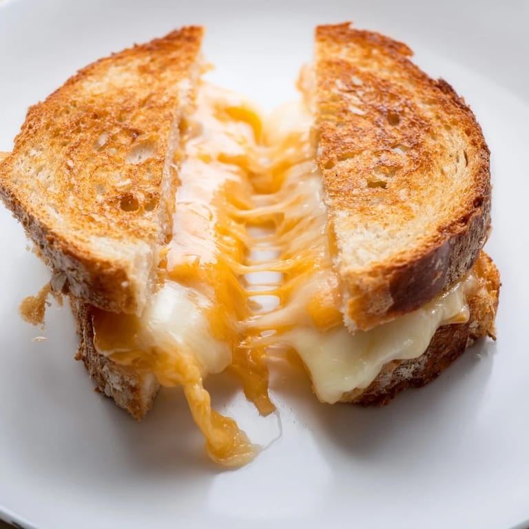 Golden-brown Triple Cheese Sourdough Grilled Cheese on a skillet, highlighting the bubbly, melted mozzarella and sharp cheddar oozing from between the thick, buttery bread.