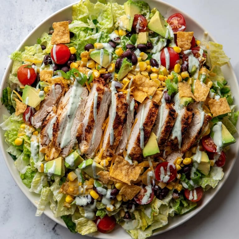 A close-up of Crunchy Taco Chicken Salad with avocado, cheese, and drizzled creamy dressing, garnished with green onions.