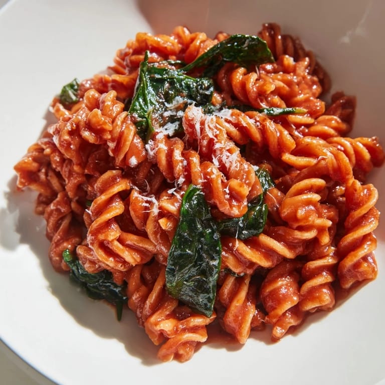A rustic ceramic bowl holds a warm serving of Tomato Spinach One-Pot Rotini, paired with crusty bread on the side.
