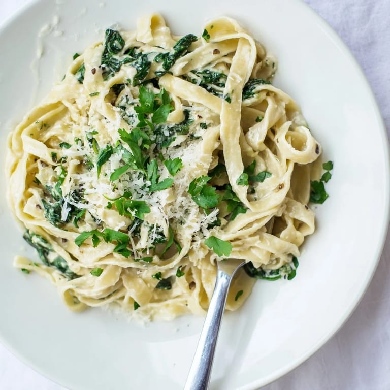 A close-up of Creamy Garlic Spinach Pasta, featuring steam rising from the rich sauce and fresh parsley sprinkled over the top.