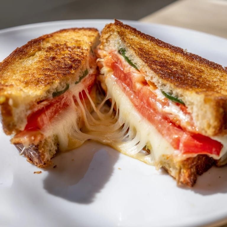 Close-up of a toasted Pepper Jack & Tomato Grilled Cheese, highlighting the gooey, spicy pepper jack melting over ripe tomato slices.
