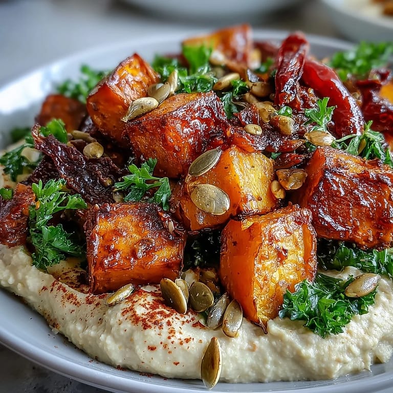 A colorful platter of caramelized squash, sweet potatoes, and red bell peppers over hummus, sprinkled with seeds and smoked paprika for flavor.