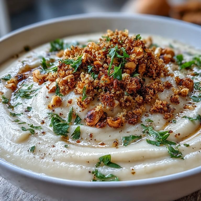 Celeriac Soup with Hazelnut Crumble in a rustic white bowl, topped with crunchy toasted nuts and fresh herbs.