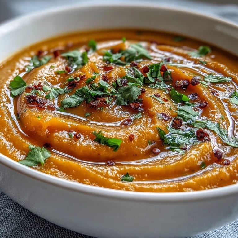 Rich, creamy butternut squash and lentil soup steaming in a rustic bowl.