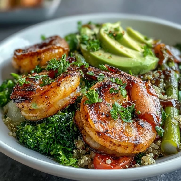 Succulent shrimp crowns a colorful Detox Buddha Bowl with creamy avocado and fluffy quinoa.