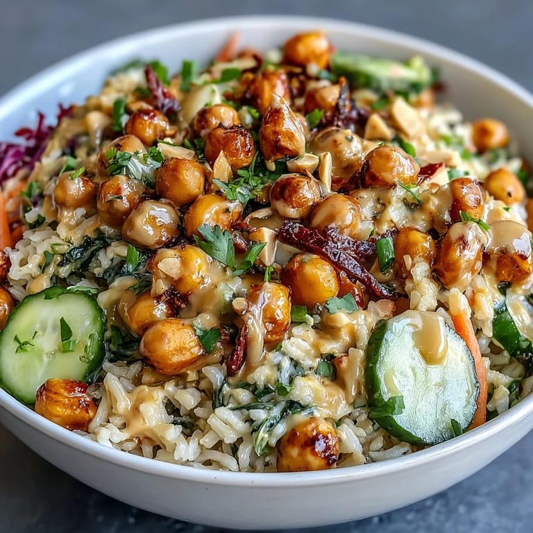 Hearty Peanut Chickpea Rice Bowl, a satisfying vegan meal ready for dinner.