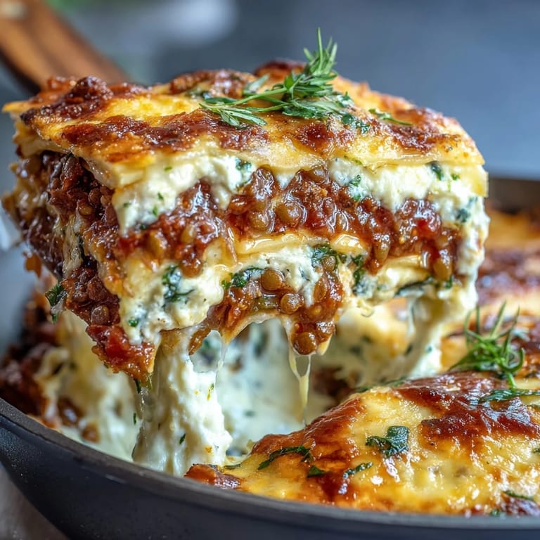 One-Pan Smoky Veggie Lentil Lasagne layers rich béchamel and smoky red lentil bolognese between tender pasta sheets.  