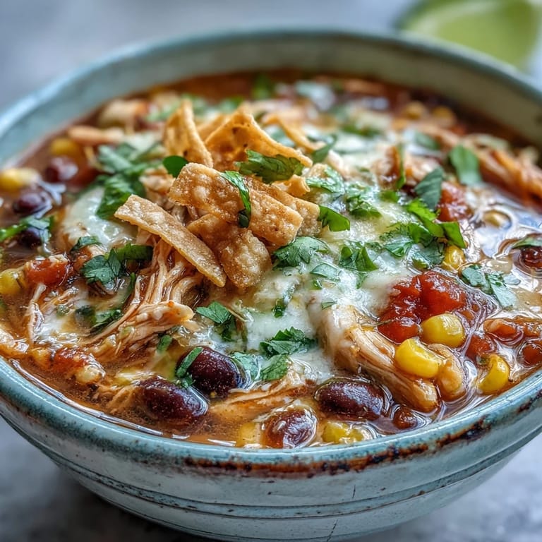 This bowl of Easy Chicken Tortilla Soup features creamy cheese swirls, black beans, corn, and lime wedges on the side.