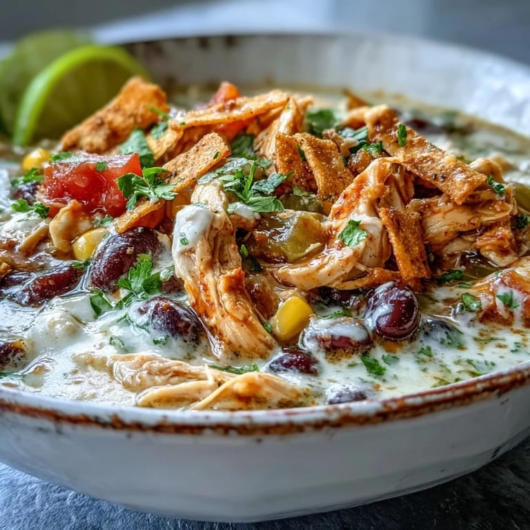Spoon lifting a bite of Easy Chicken Tortilla Soup showing tender chicken, Rotel tomatoes, and garnishes for a weeknight dinner.